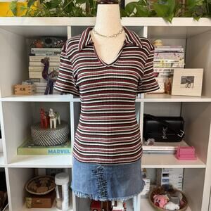 Vintage 90s Cool Wear Mod Striped Slim Ribbed Short Sleeve Polo - Red Wms L